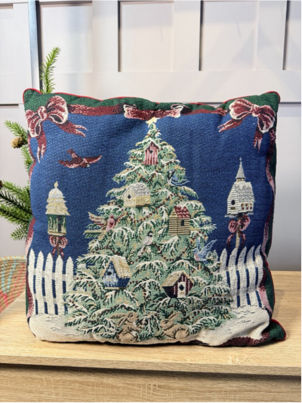 Christmas Tree Winter Scene 17" Tapestry Throw Pillow Rabbits Birdhouse
